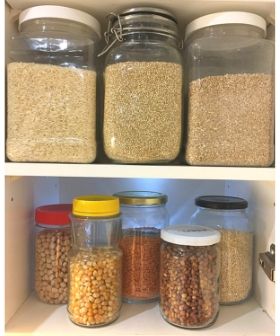 2 shelves of jars with dry goods