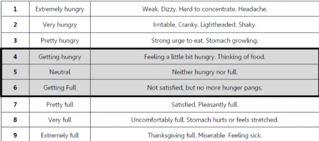 Hunger Fullness scale for mindful eating