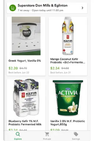 Screen shot of flash food app showing discounted yogurt for sale