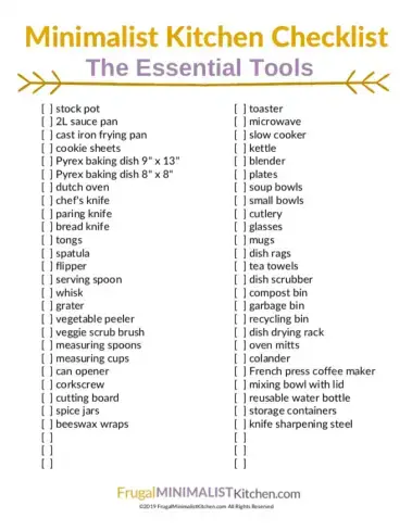 Minimalist Kitchen List: Your Essential Tools Checklist • Frugal Minimalist  Kitchen