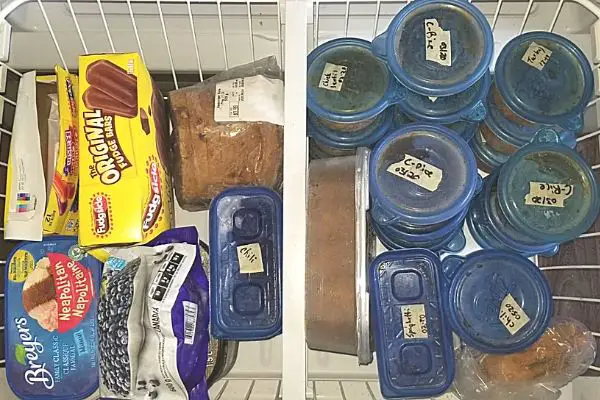 ice cream, soup, and chili in freezer