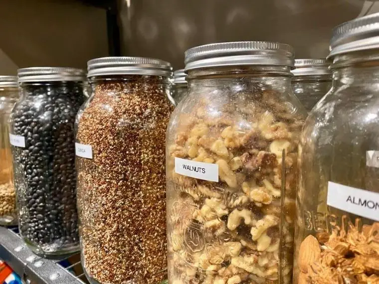 pantry labels: beans, quinoa, nuts in jars