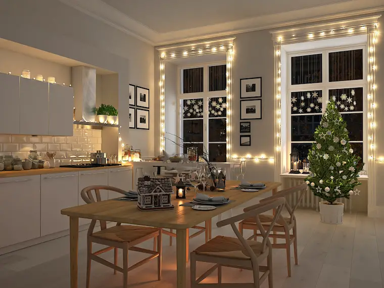 kitchen with minimalist Christmas decoration by night