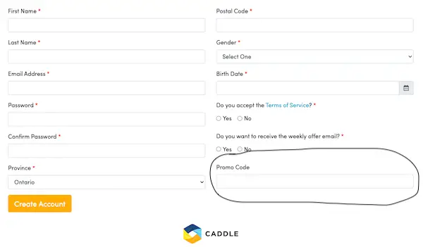 Caddle app sign up form