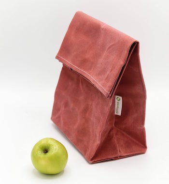 pink waxed canvas aesthetic lunch bag with green apple