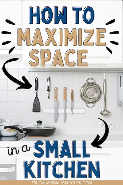 how to maximize space in a small kitchen frugalminimalistkitchen.com image of small kitchen storage ideas like knife rack and utensil rack on backsplash in a white kitchen