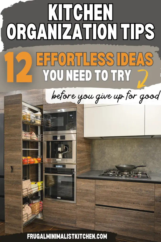 kitchen organization tips 12 effortless ideas you need to try before you give up for good frugalminimalistkitchen.com picture of kitchen with brown wood cabinets and white upper cabinets. Cabinets on the left are open to show kitchen organization tips ideas 